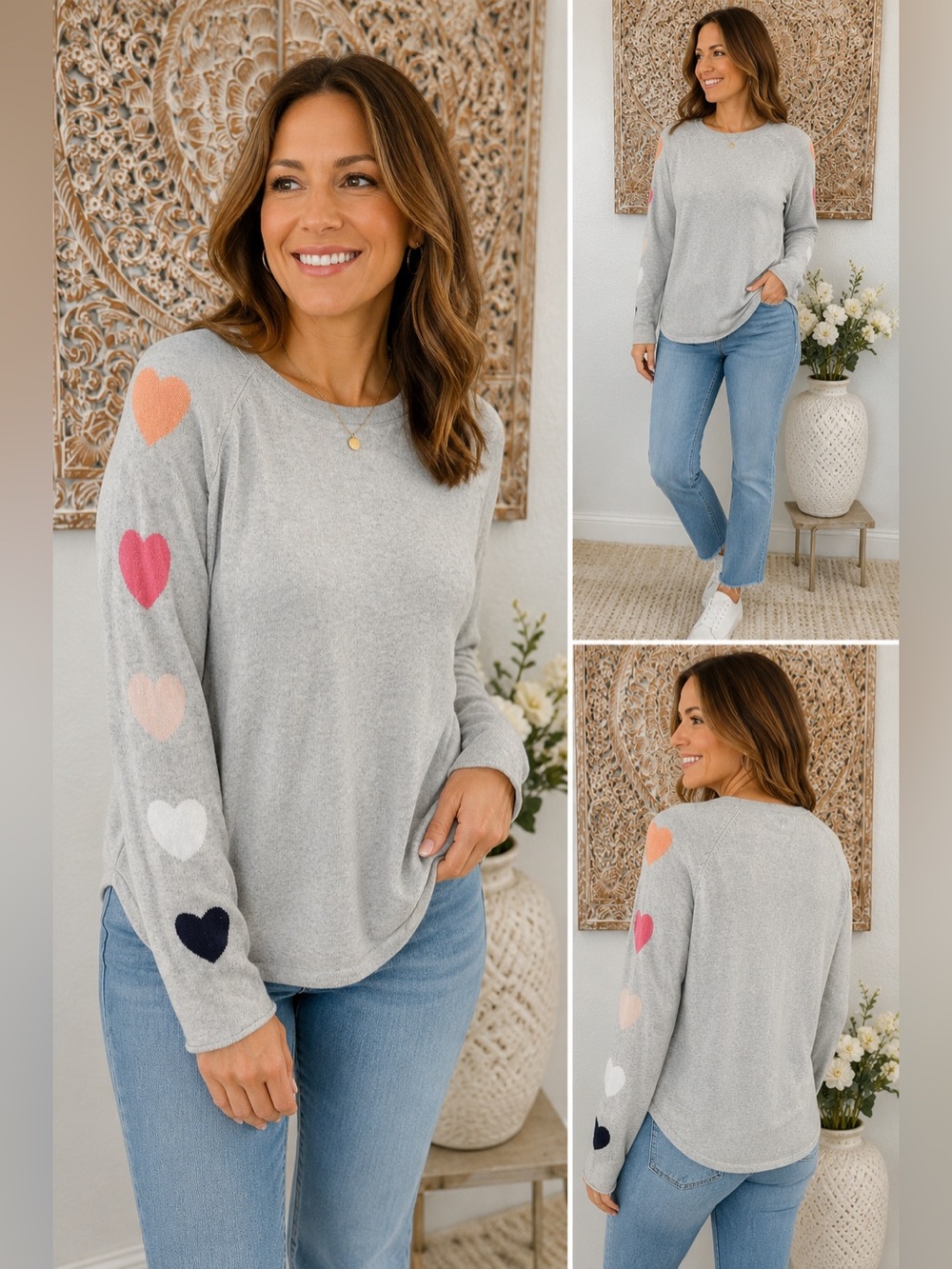 Project 100% Cotton Heart Sleeve Sweater Gray Lightweight Knit- size Small